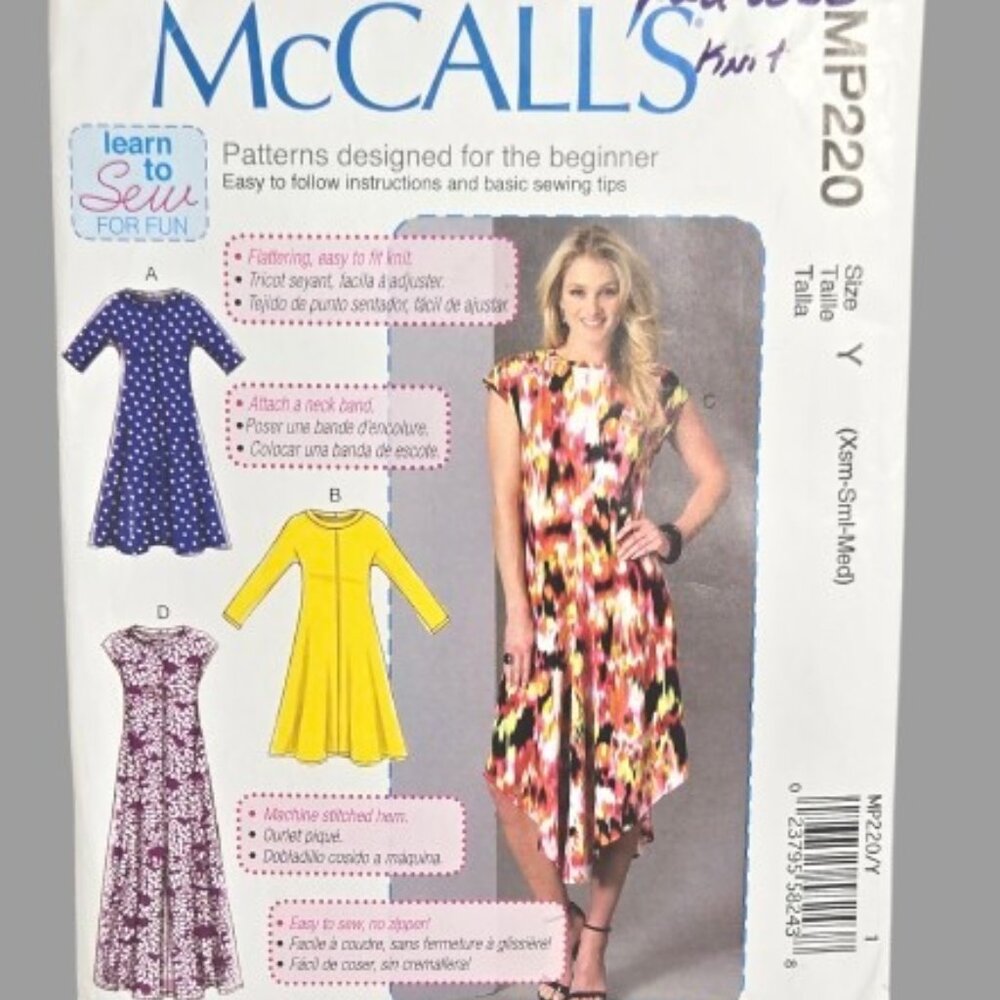 McCall's MP220 Womens' Sz Xsm-Sml-Med Dress for Beginners Uncut FF Pattern